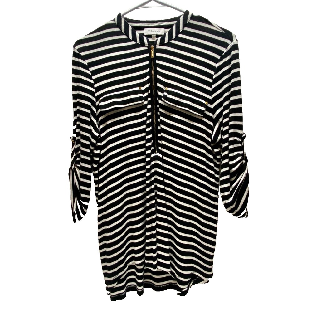 Calvin Klein Blouse Women's 8 Black White 1/2 Zip 3/4 Sleeve Career Casual EUC